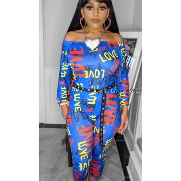 SOLD OUT 💔Callie Graffiti Love: Blue Capri Belted Off Shoulder Romper L/XL - Picture 2 of 10